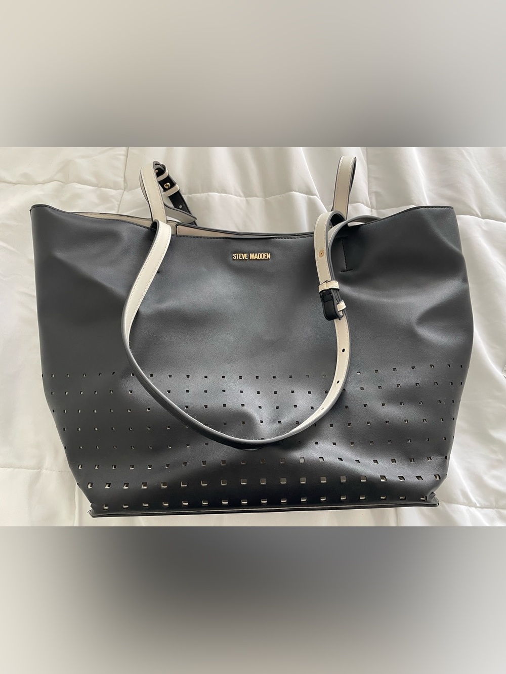 Steve Madden Black Tote with Cream Accent Straps